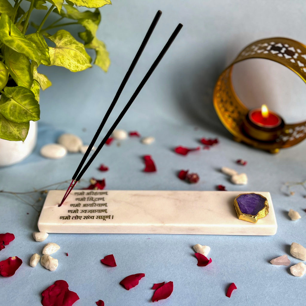 Marble with Agate Namokar Mantra Agarbatti Stand Puja Incense Stick Holder with Ash Catcher Incense Burner