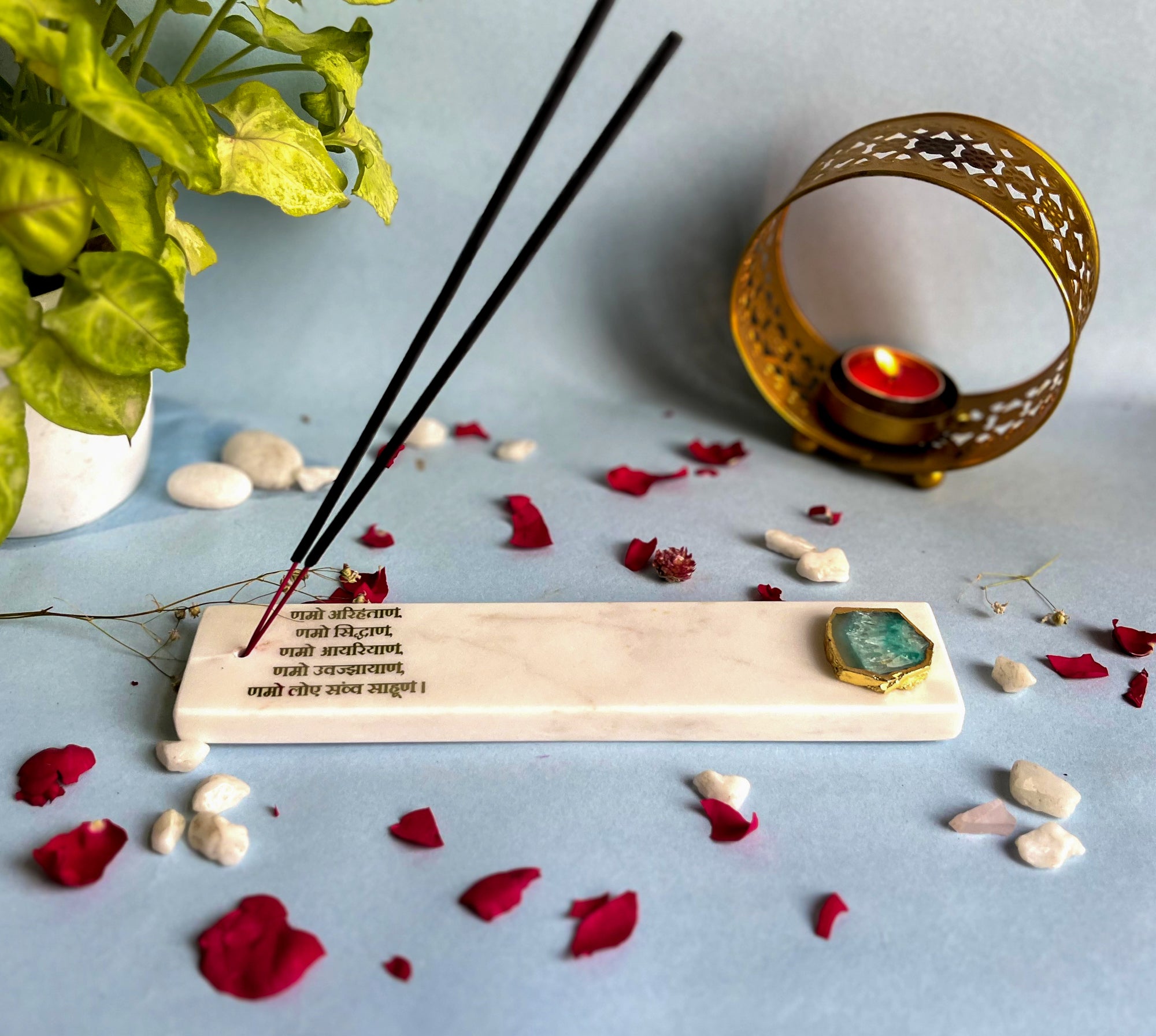 Marble with Agate Namokar Mantra Agarbatti Stand Puja Incense Stick Holder with Ash Catcher Incense Burner