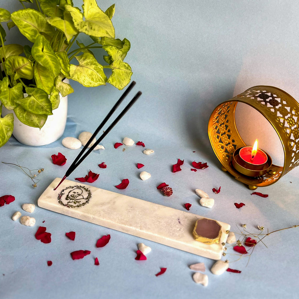 Marble with Rose Quartz Guru Ji Agarbatti Stand