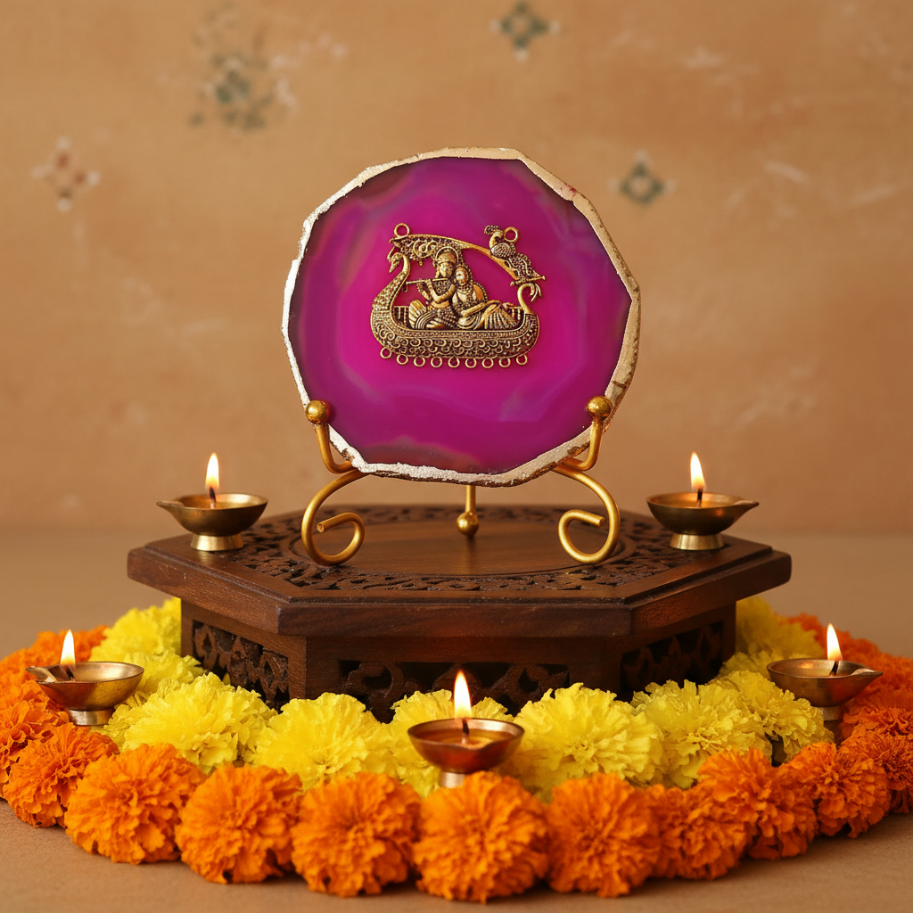 Agate Metal Radha Krishna Showpiece with Metal Stand - Pink