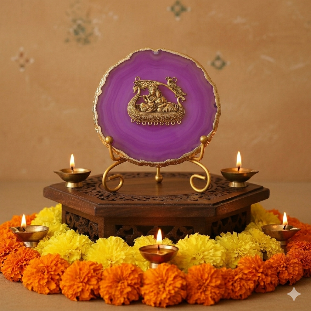 Agate Metal Radha Krishna Showpiece with Metal Stand - Purple