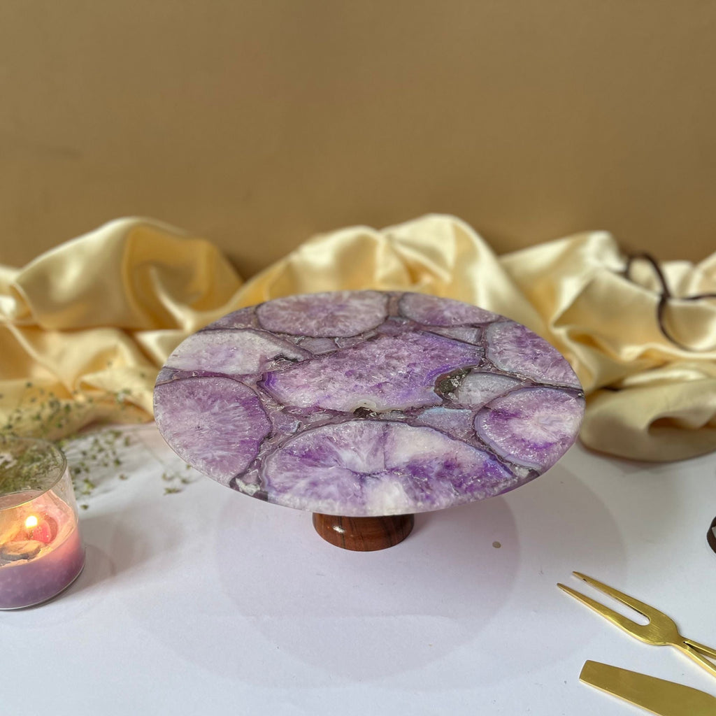 Purple Agate Cake Stand with Wooden Base - 10 Inches