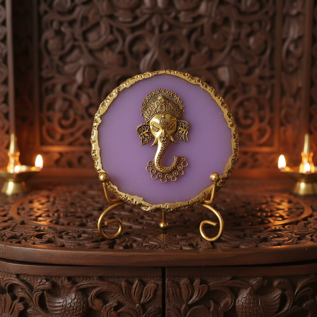 Agate Metal Ganesha Showpiece with Metal Stand - Purple