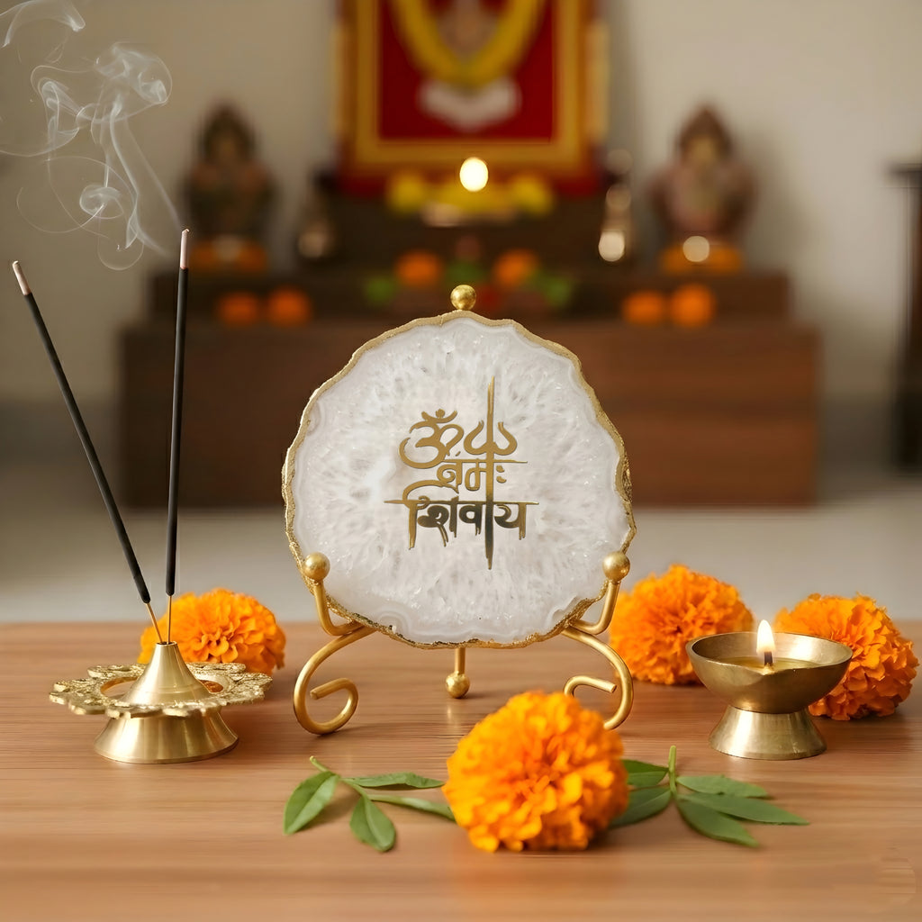Agate Om Namah Shivay Showpiece with Metal Stand - White
