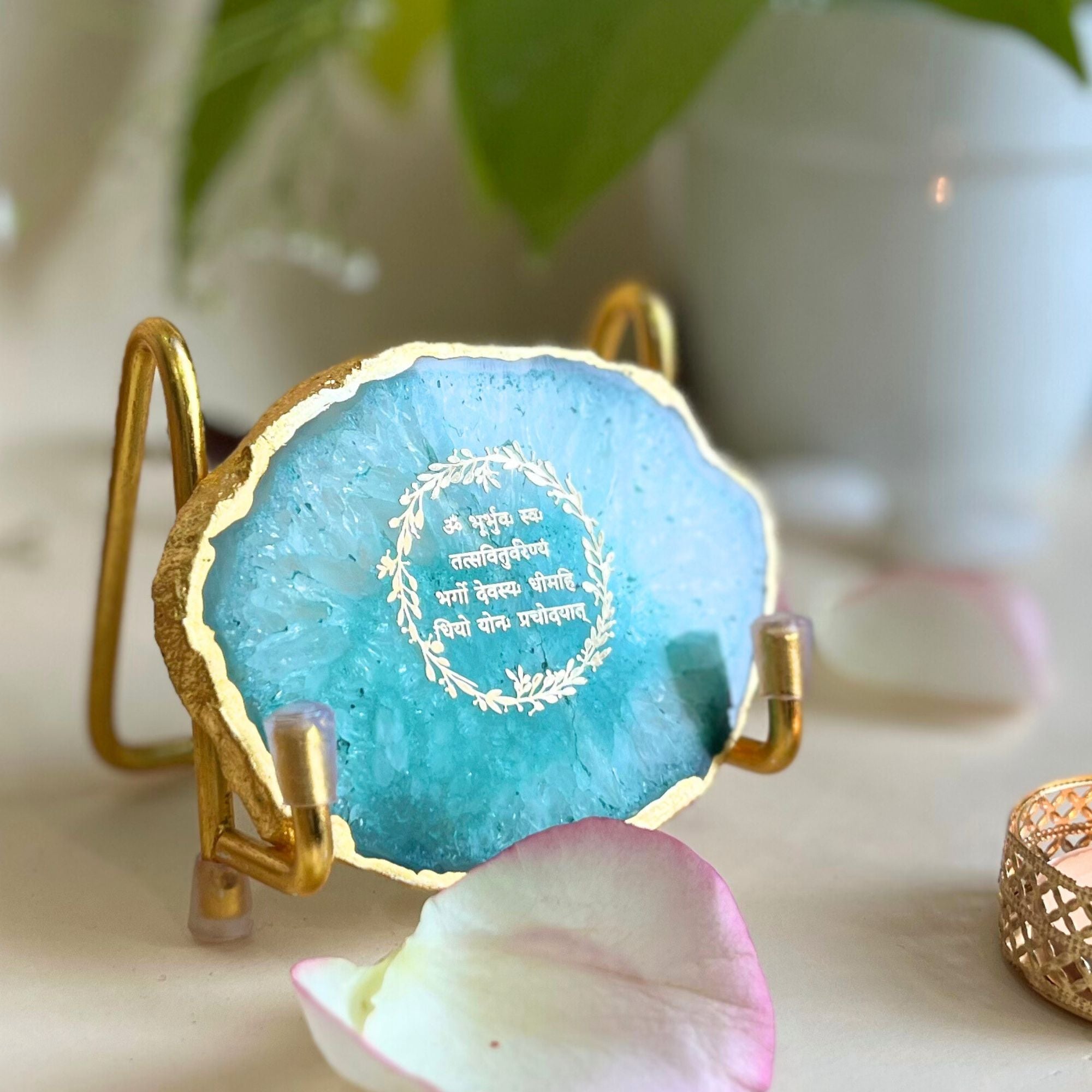 Gayatri Mantra with Green Agate Metal Stand