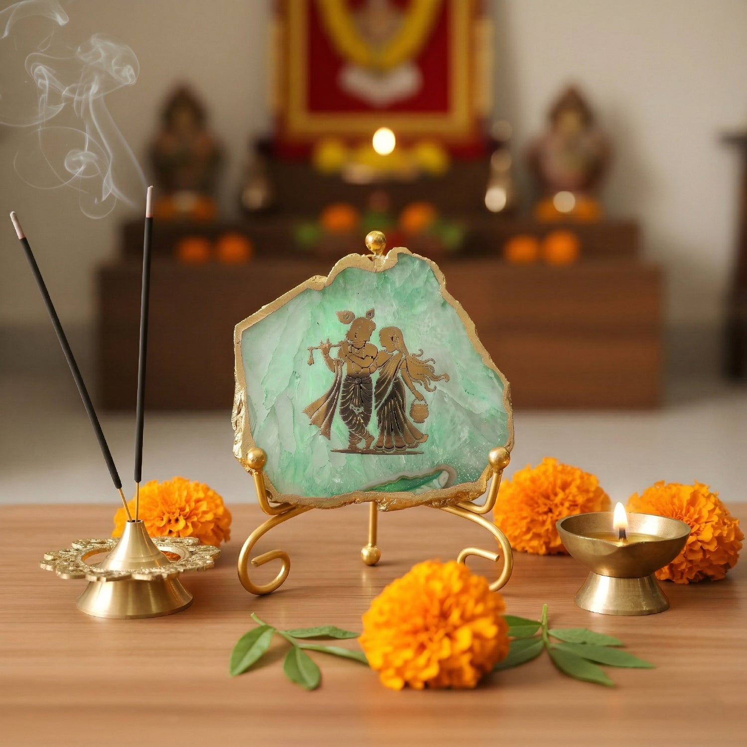 Agate Radha Krishna Showpiece with Metal Stand - Green