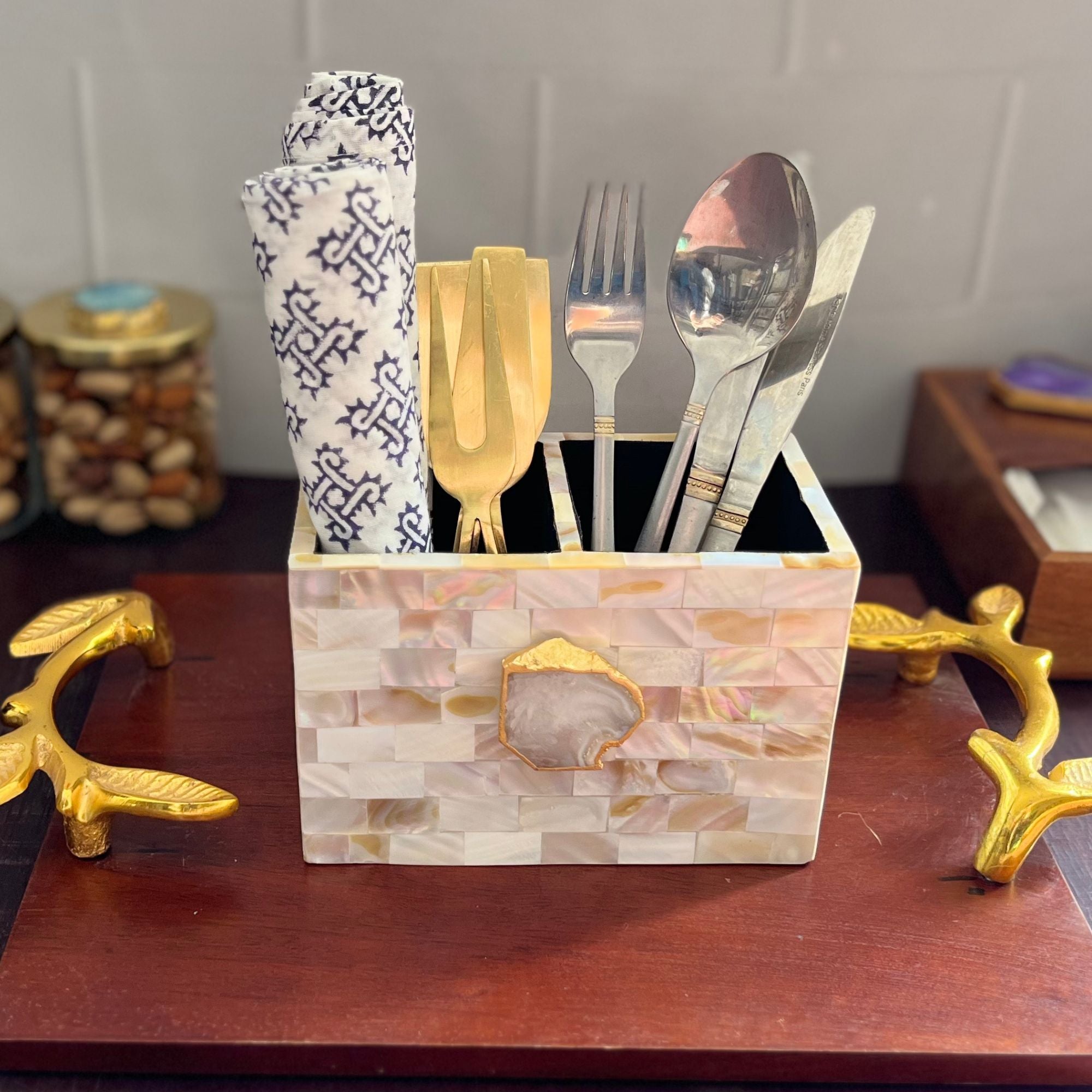 Turquoise Agate  With Mother Of Pearl Cutlery Holder