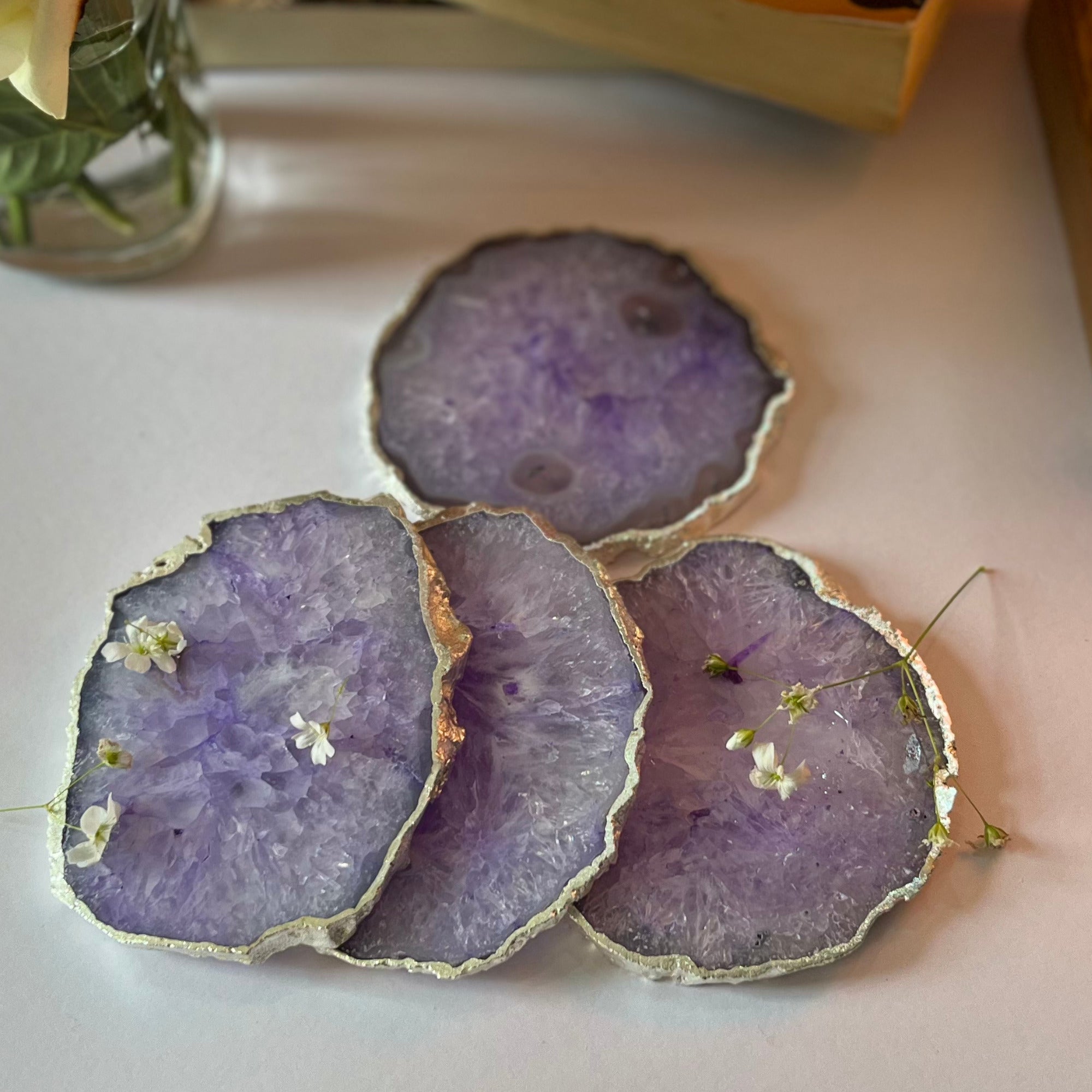Purple  Crystal Agate Coaster With Silver Plating