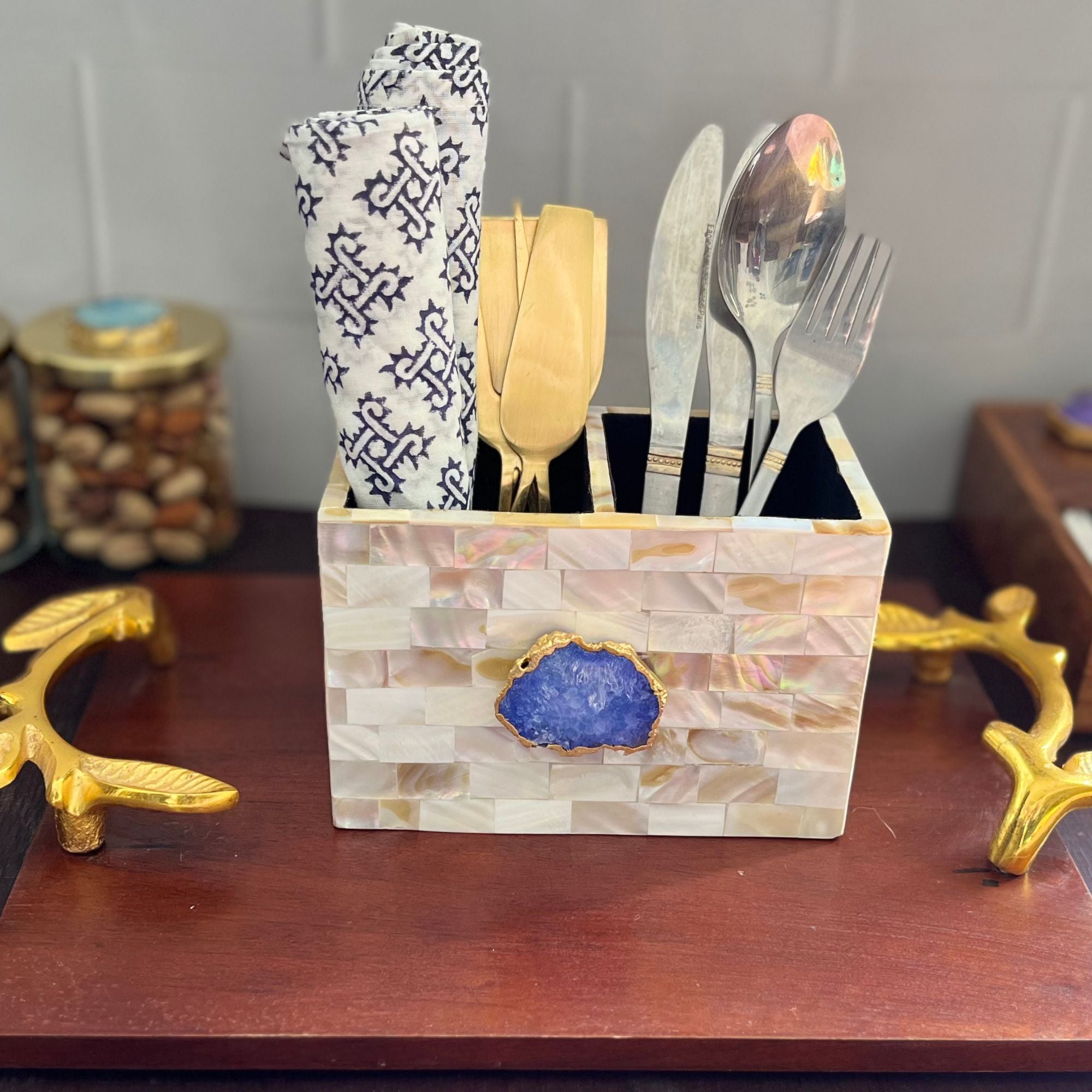 White Agate  With Mother Of Pearl  Cutlery Holder