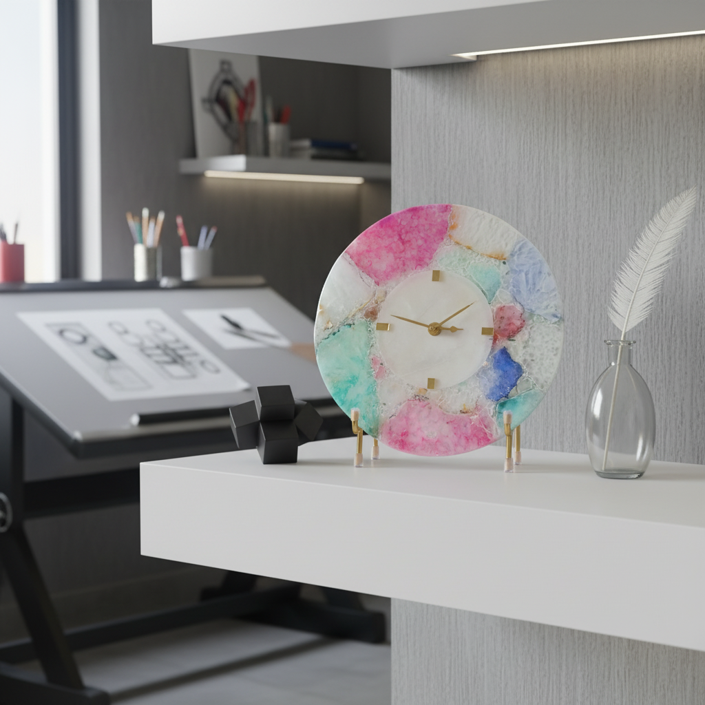 Round Multicolor Agate And White Marble Big Desk Clock with Metal Stand