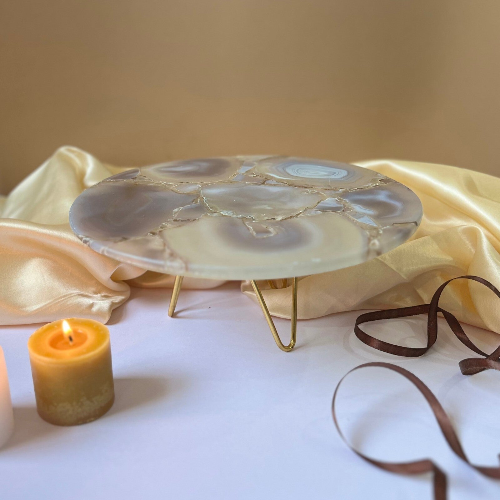 Multicolor Agate Cake Stand with Metal Base  - 10 Inches