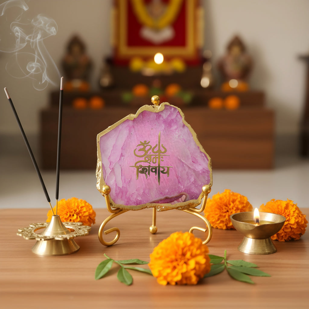 Agate Om Namah Shivay Showpiece with Metal Stand - Pink
