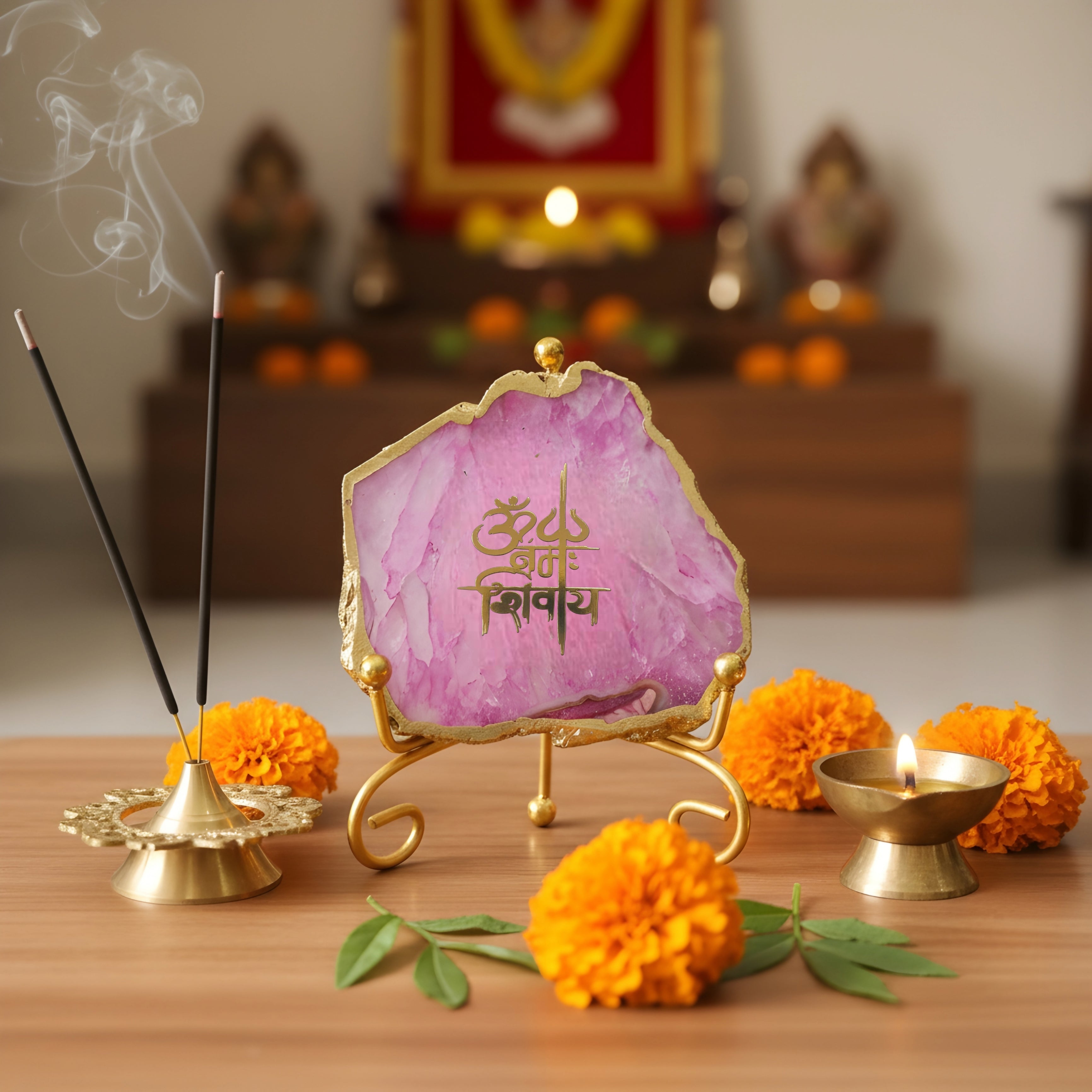 Agate Om Namah Shivay Showpiece with Metal Stand - Pink