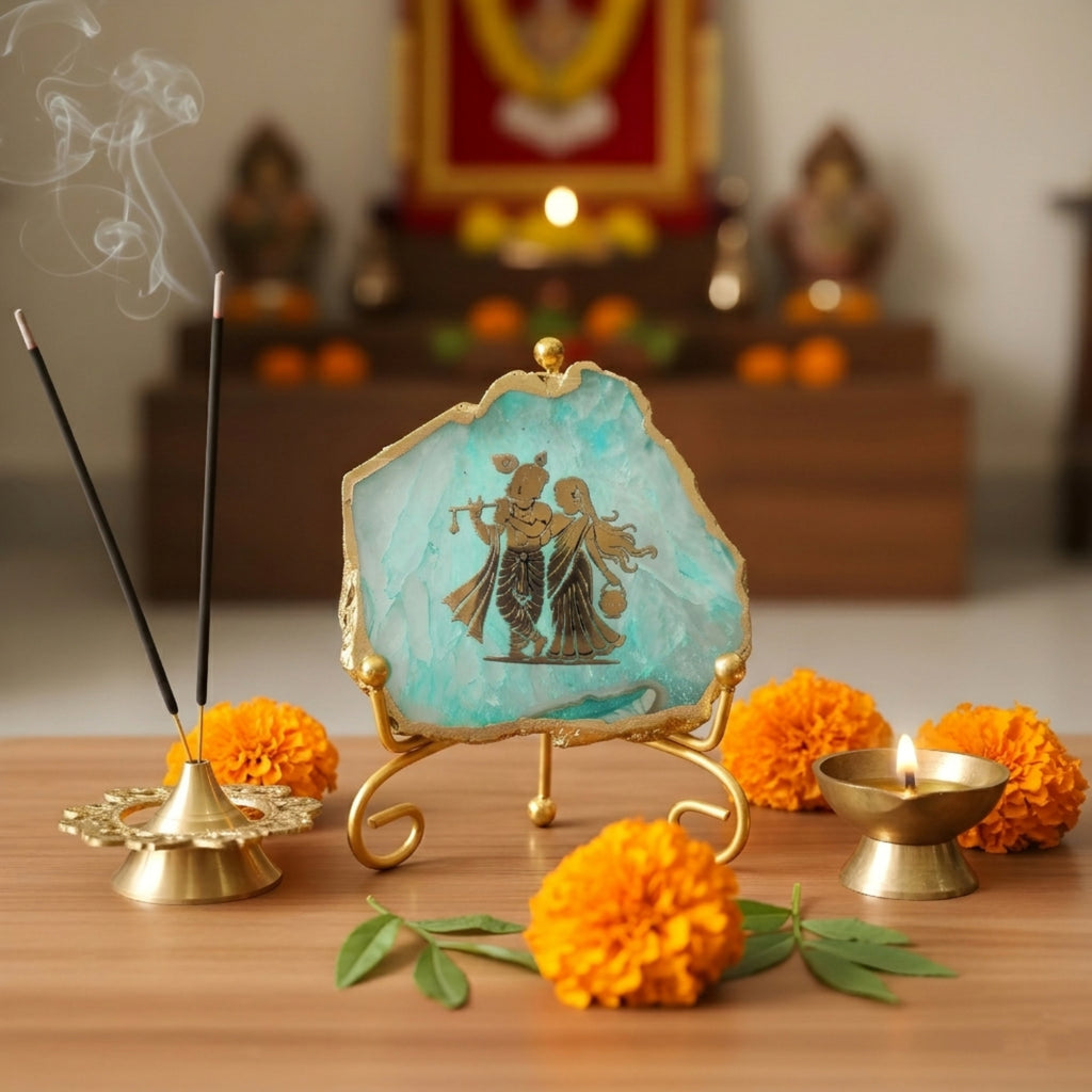 Agate Radha Krishna Showpiece with Metal Stand - Turquoise