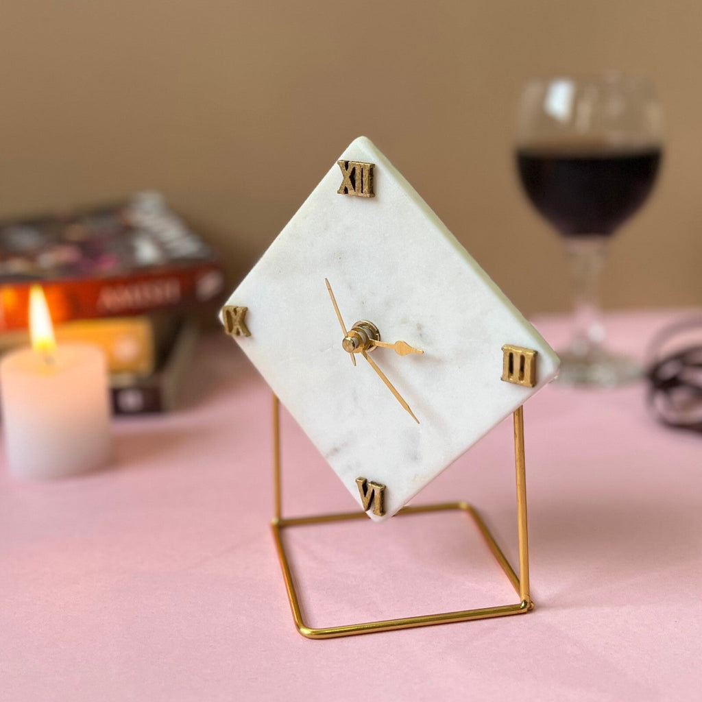Hexagonal Marble Desktop Clock  With Metal Stand