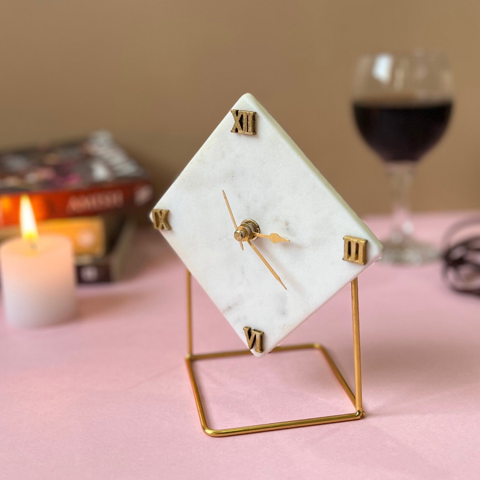 Hexagonal Marble Desktop Clock  With Metal Stand