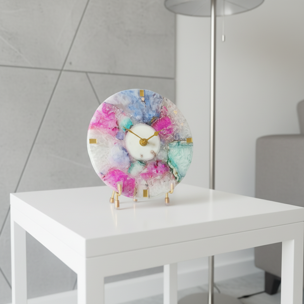 Agate Round Multi Color Desk Clock With Metal Stand