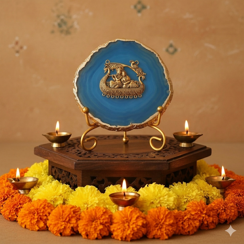 Agate Metal Radha Krishna Showpiece with Metal Stand - Blue