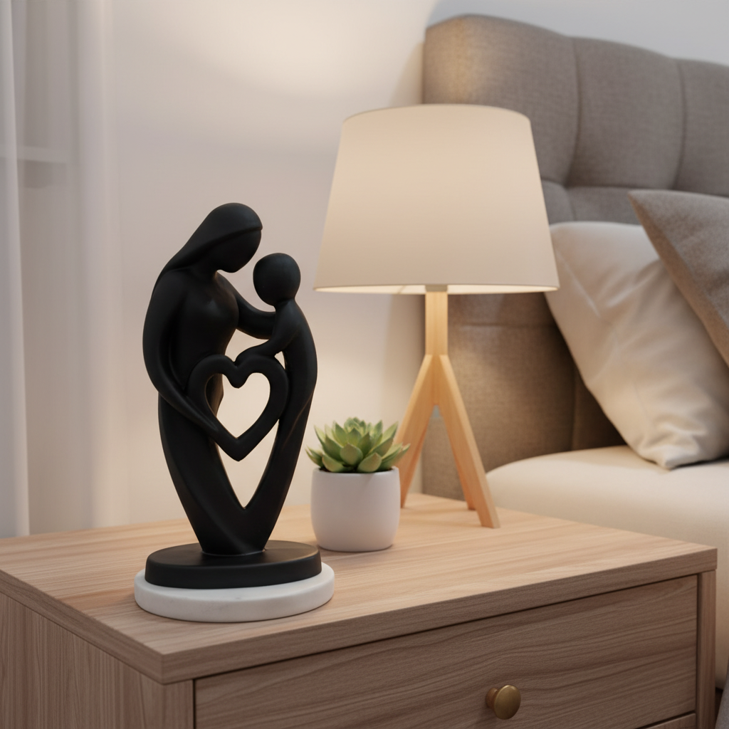 Mother Baby Black Heart Showpiece with White Marble Base