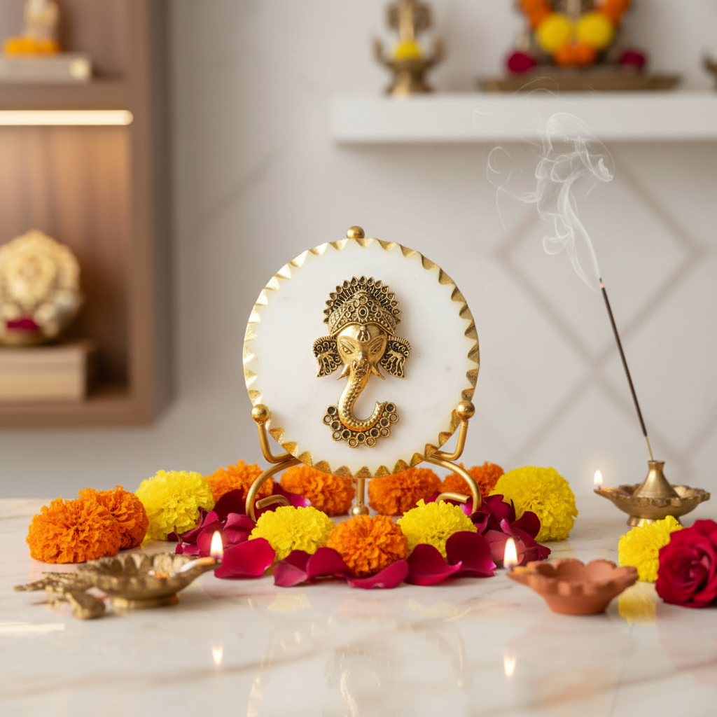 Marble Metal Ganesha Showpiece With Metal Stand