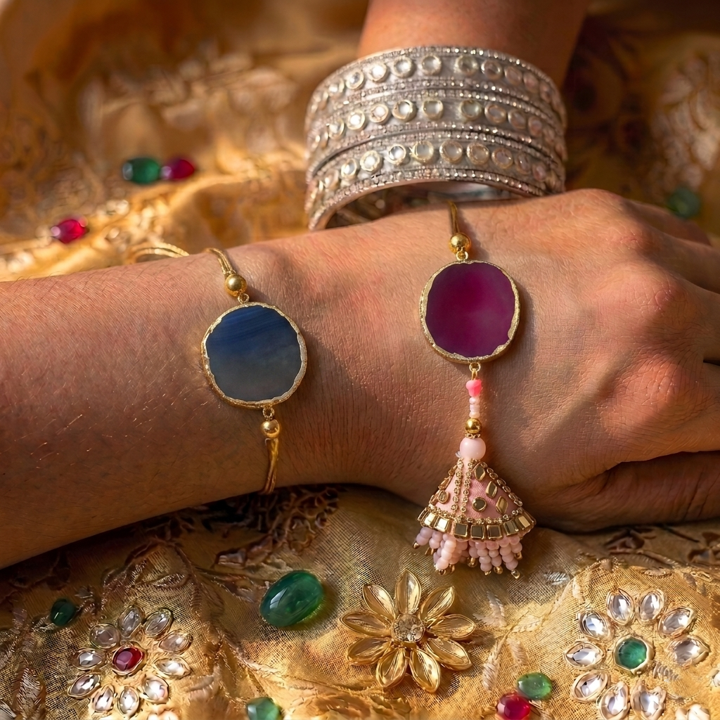 Agate Lumba Rakhi Set With Roli Chawal and Nariyal With Gift Box