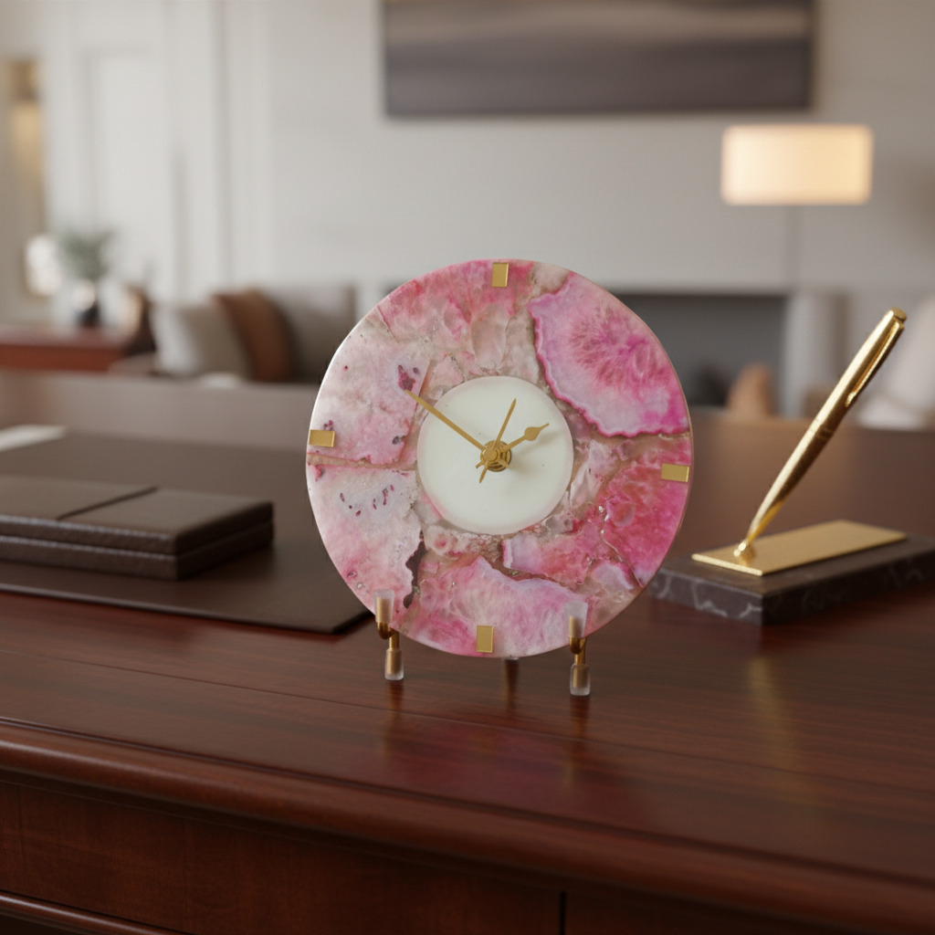 Agate Round Pink Color Desk Clock with Metal Stand