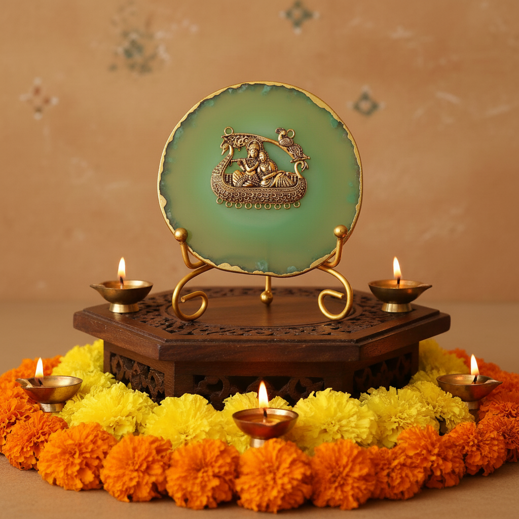 Agate Metal Radha Krishna Showpiece with Metal Stand - Green