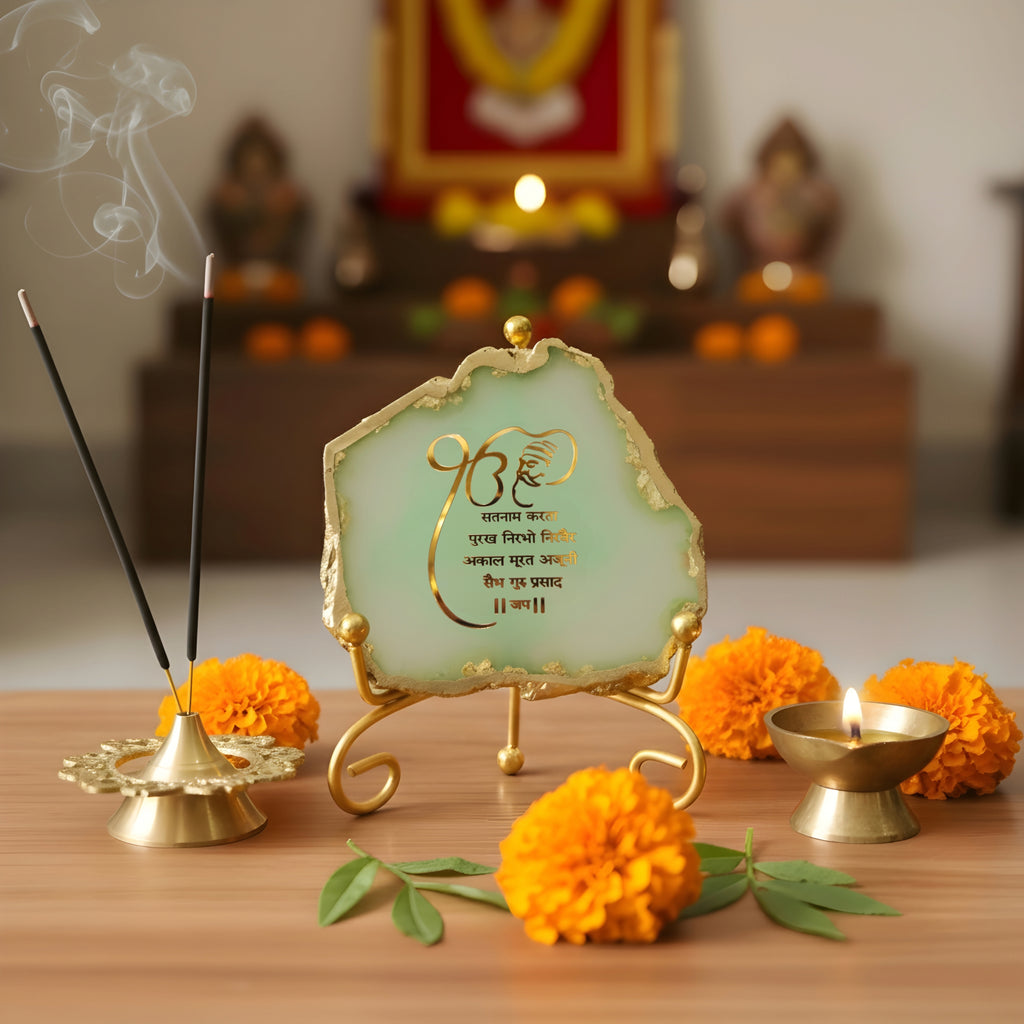 Agate Starting of Mool Mantra Showpiece with Metal Stand - Green