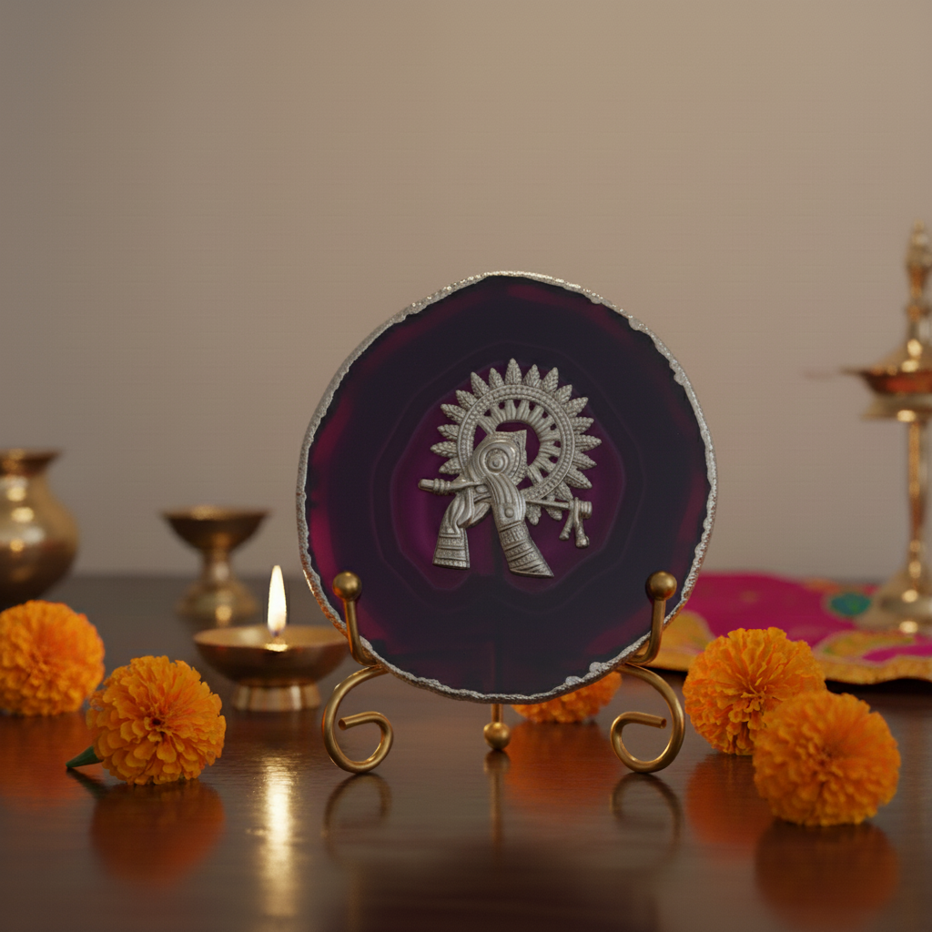 Agate Silver Metal Krishna Showpiece with Metal Stand - Purple