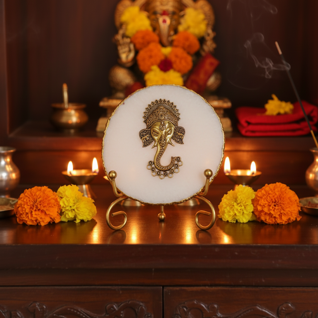 Agate Metal Ganesha Showpiece with Metal Stand - White