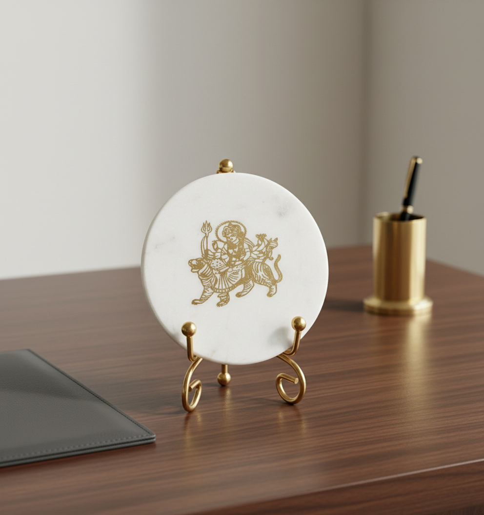 Marble Round Durga Maa Showpiece With Metal Stand
