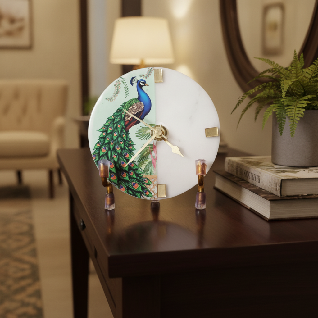 Marble Resin Finished Desk Clock With Metal Stand