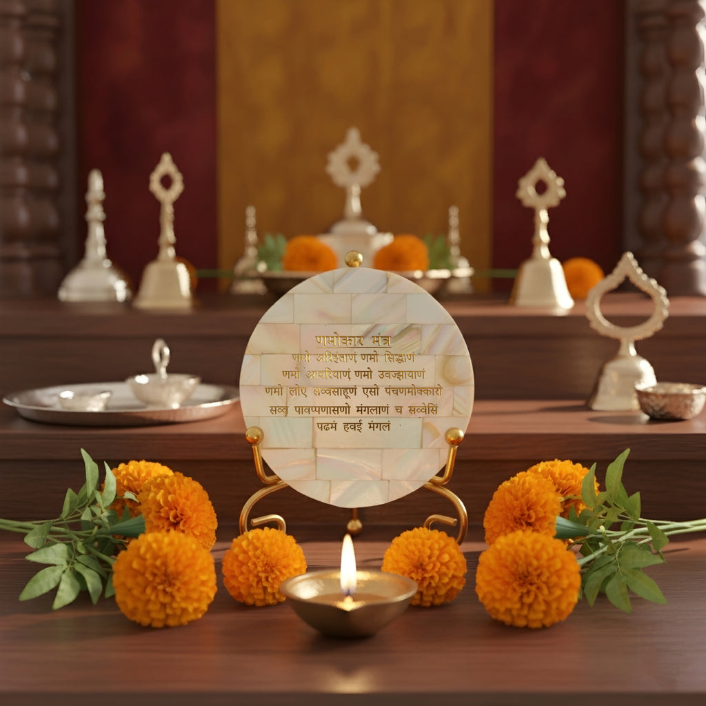 Mother of Pearl Namokar Mantra Showpiece With Metal Stand