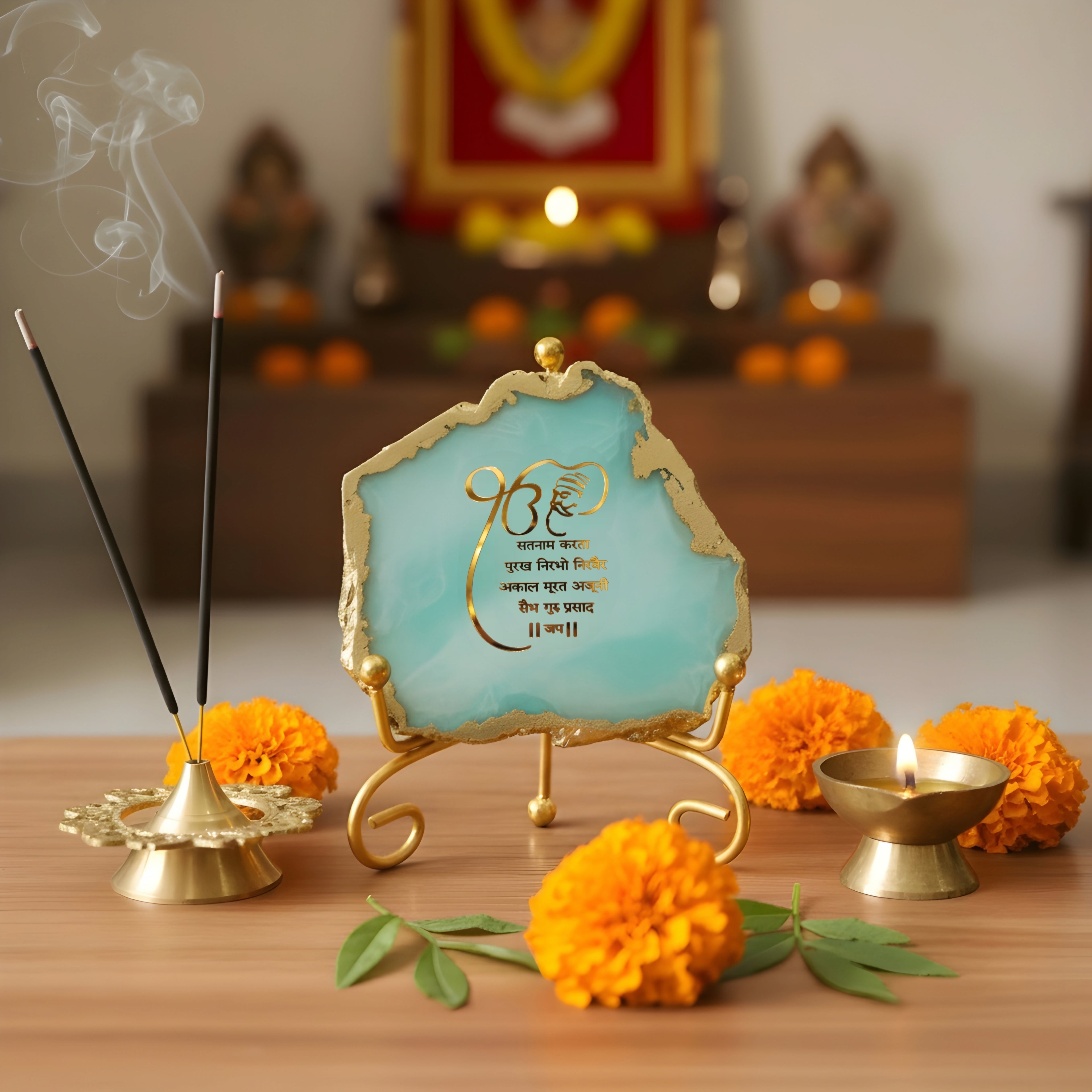 Agate Starting of Mool Mantra Showpiece with Metal Stand - Turquoise