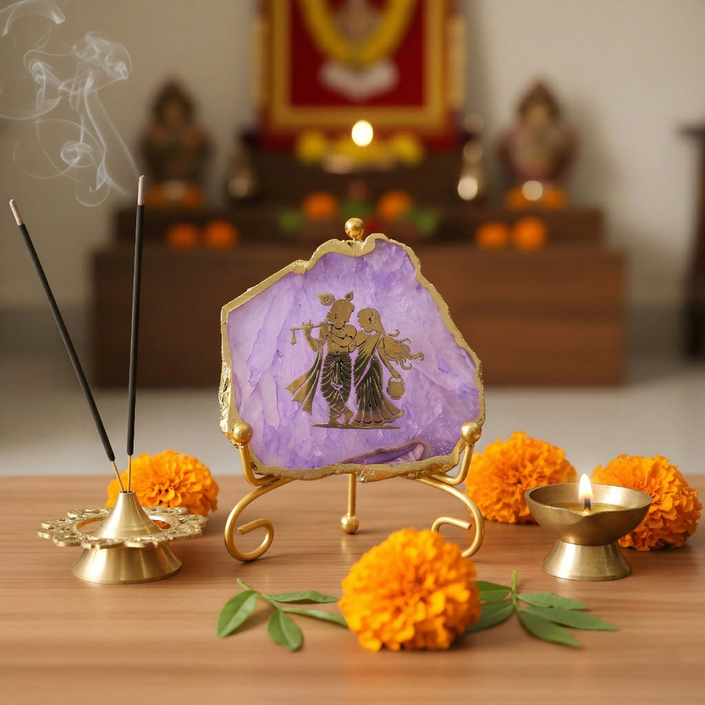Agate Radha Krishna Showpiece with Metal Stand - Purple