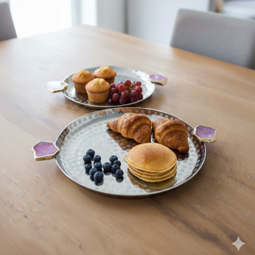 Round Aluminum Tray with Pink Agate