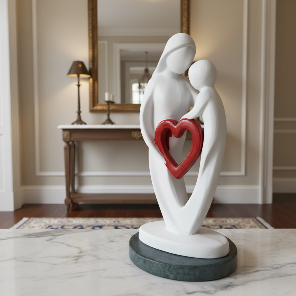 Mother baby red heart showpiece with green marble base