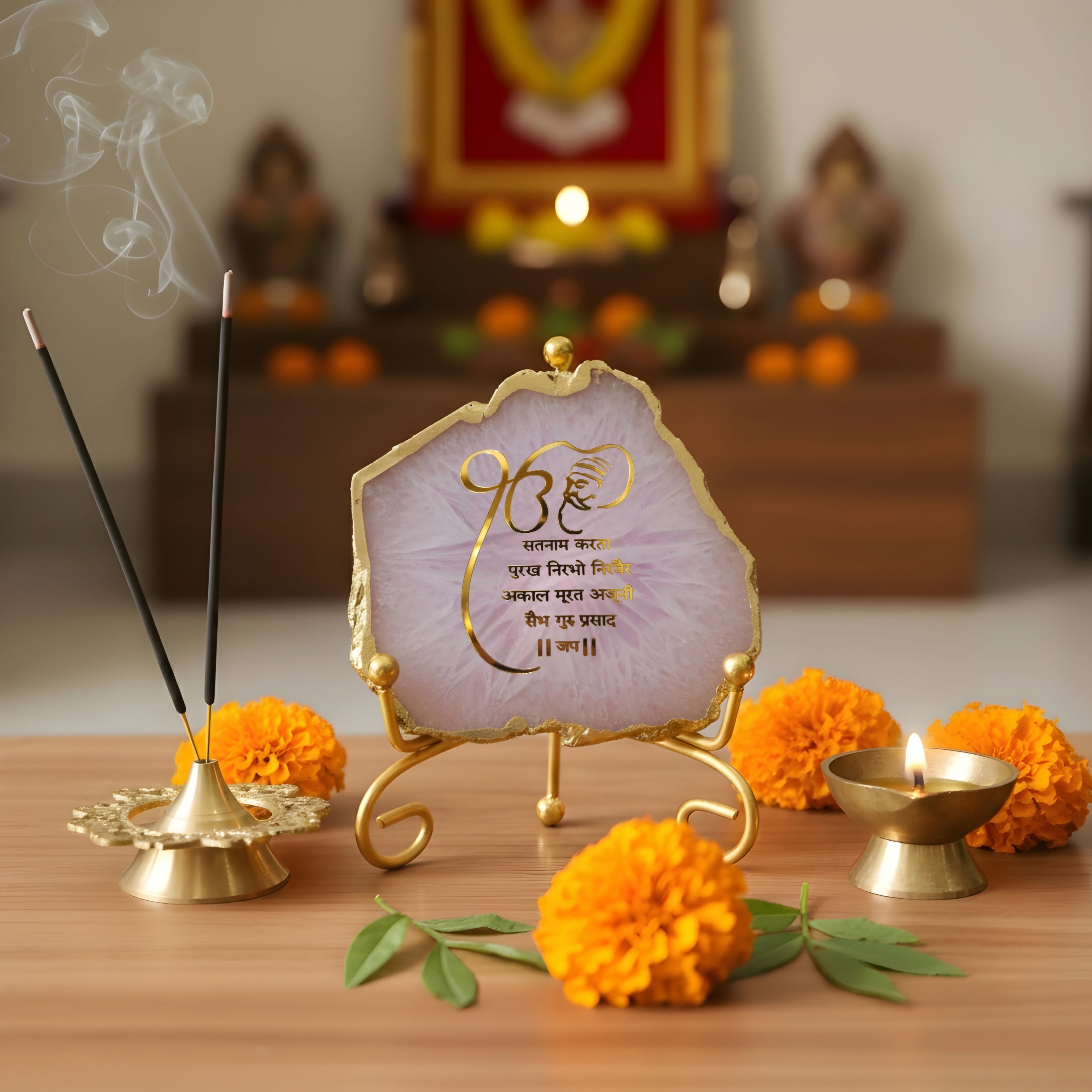 Agate Starting of Mool Mantra Showpiece with Metal Stand - Purple