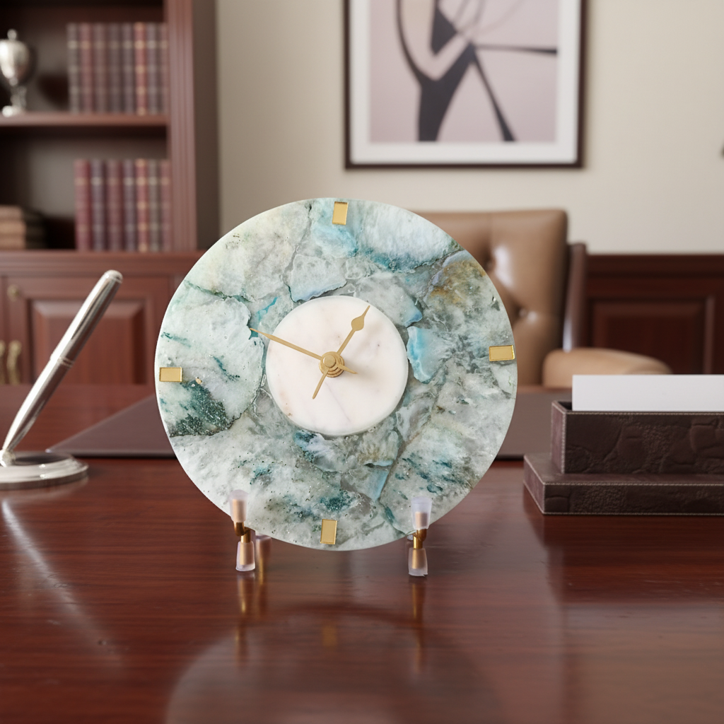 Agate Round Turquoise Color Desk Clock with Metal Stand