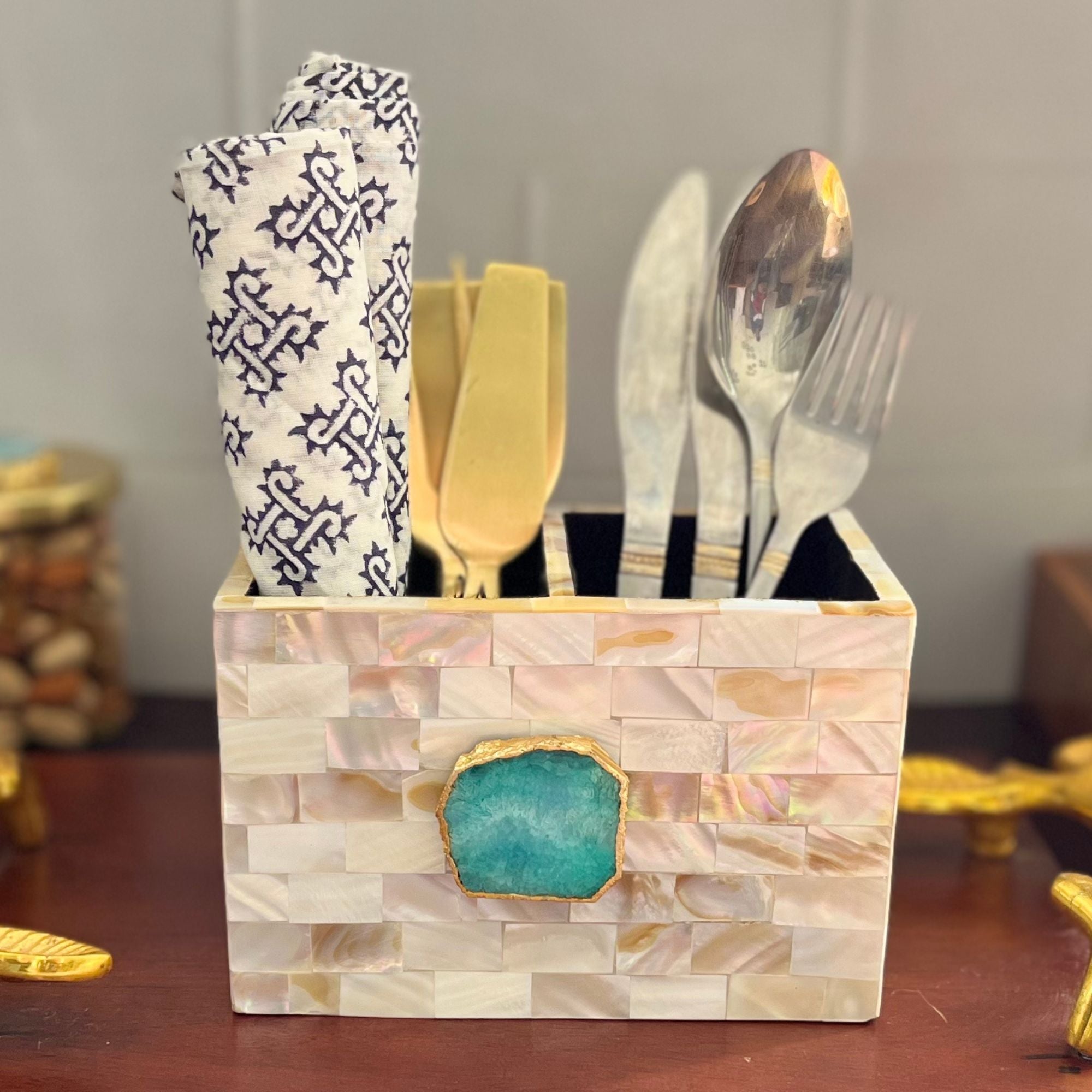 Blue Agate  With Mother Of Pearl Cutlery Holder