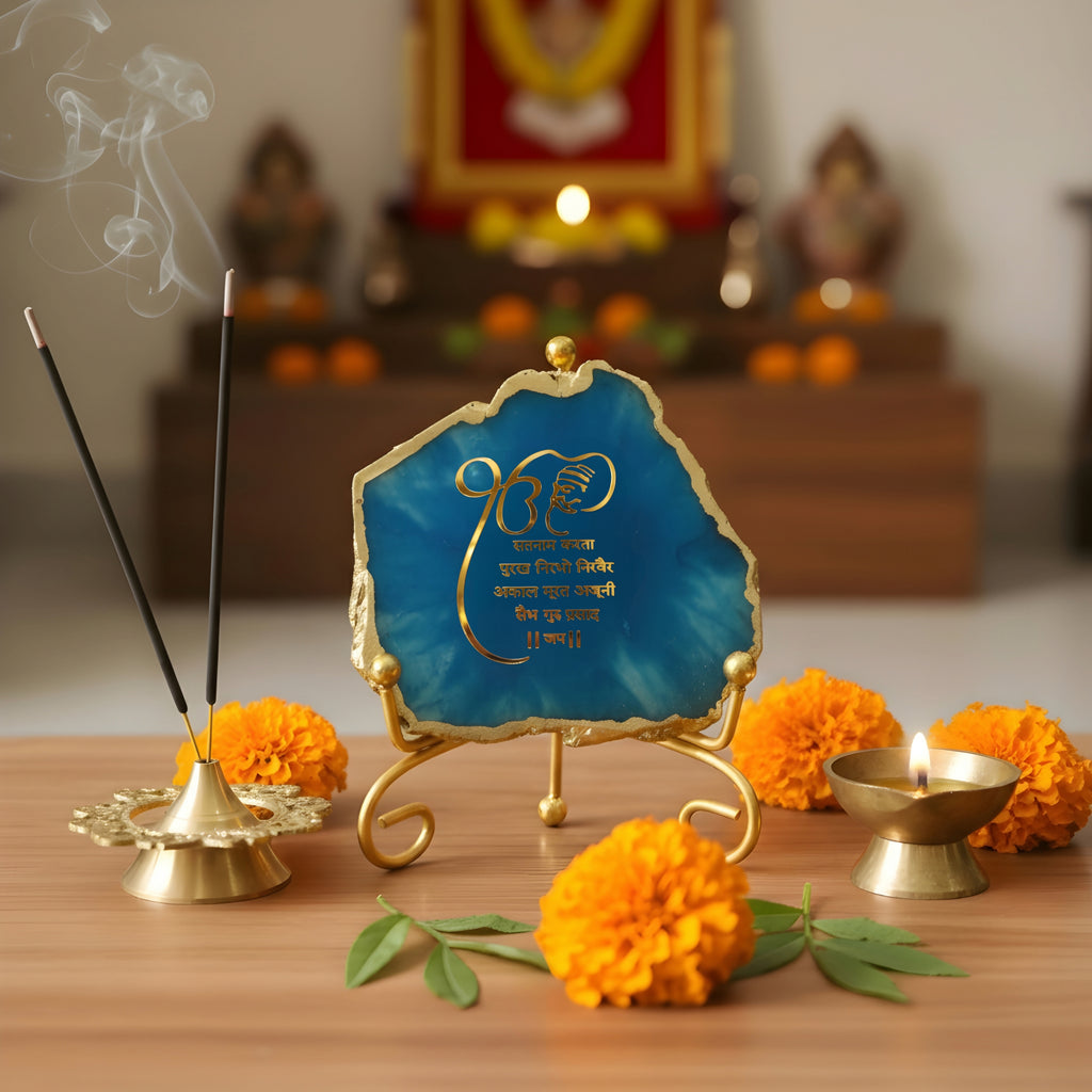 Agate Starting of Mool Mantra Showpiece with Metal Stand - Blue