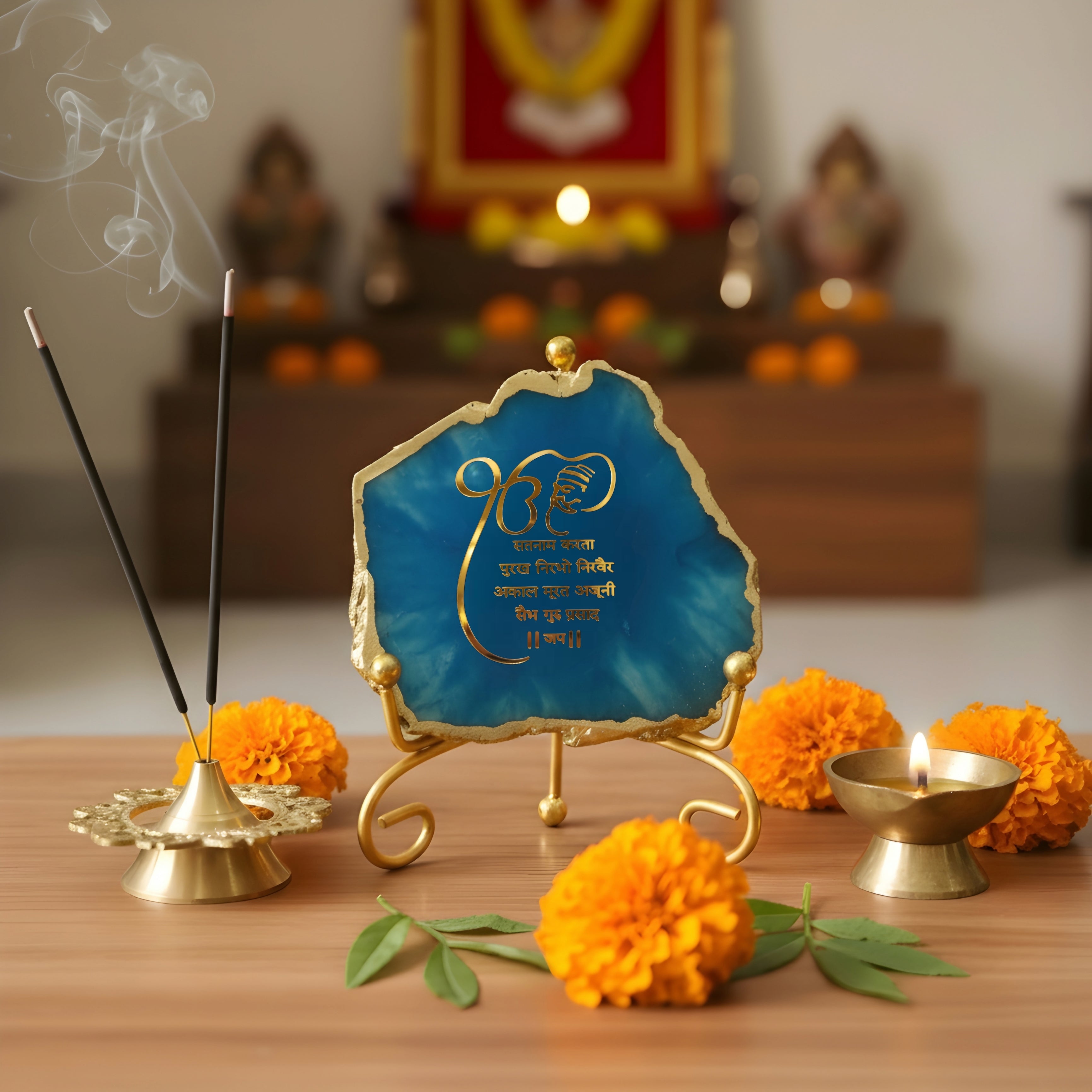Agate Starting of Mool Mantra Showpiece with Metal Stand - Blue