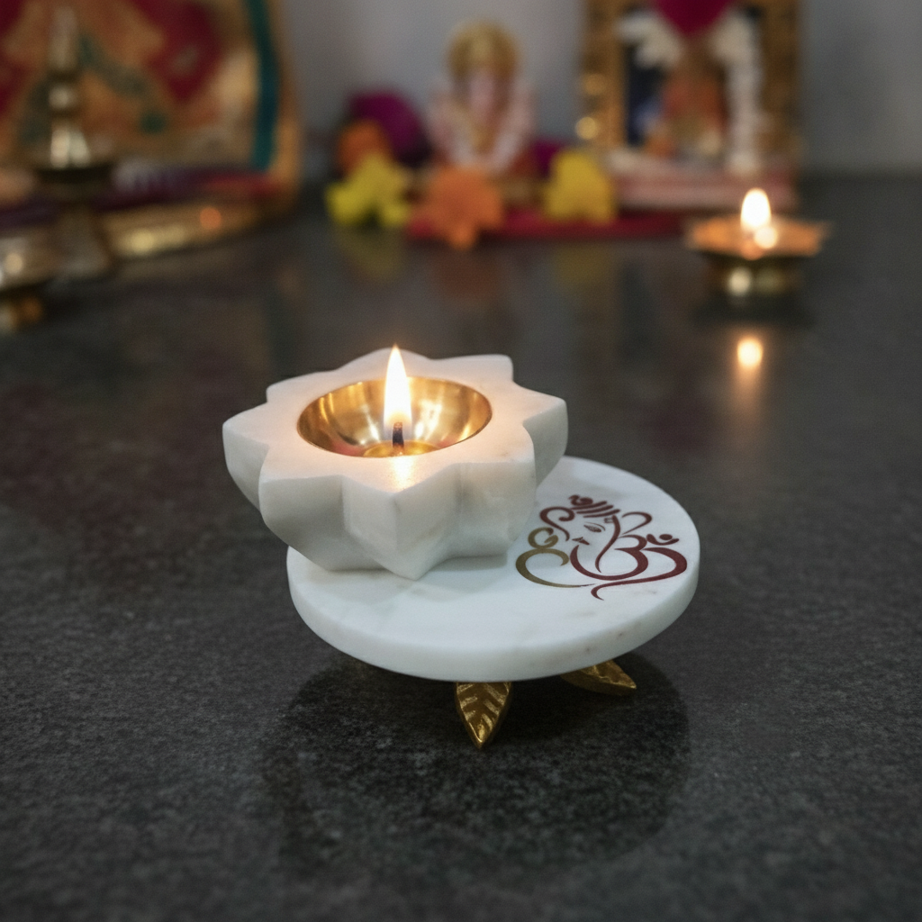 Marble Round Chowki With Marble Brass Diya