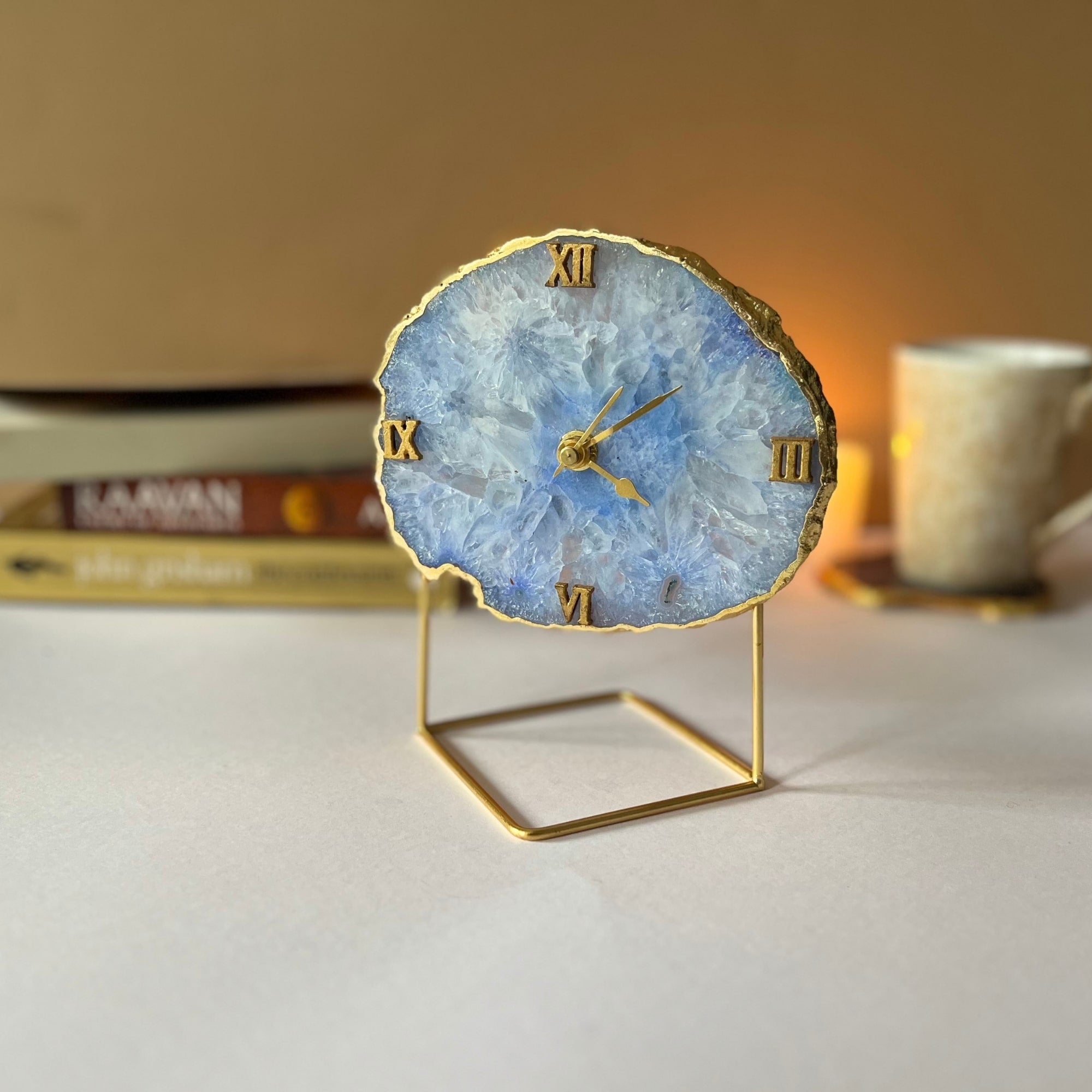 Blue Crystal Agate Desktop Clock with Metal  Stand