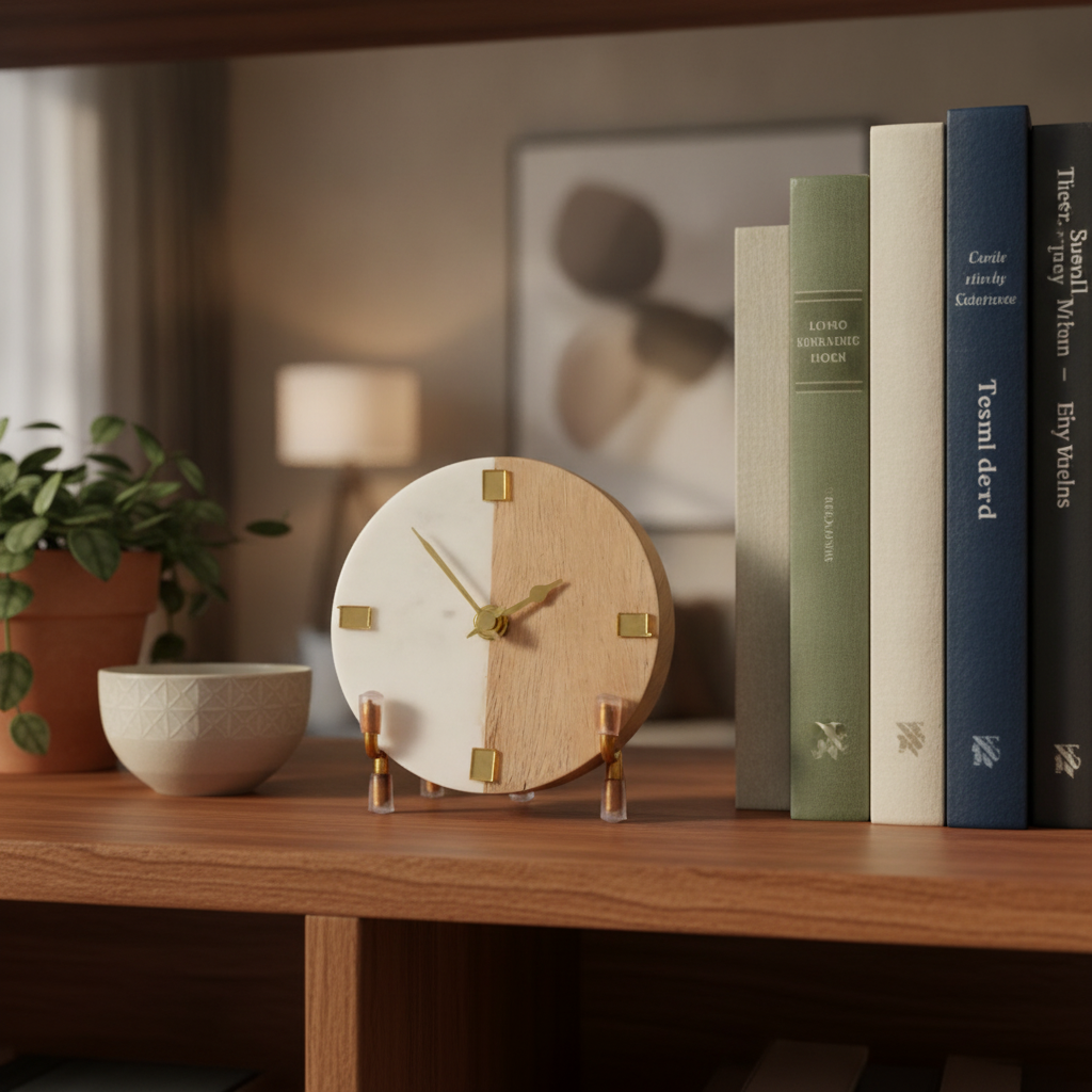 Half Marble Wood Desk Clock With Metal Stand