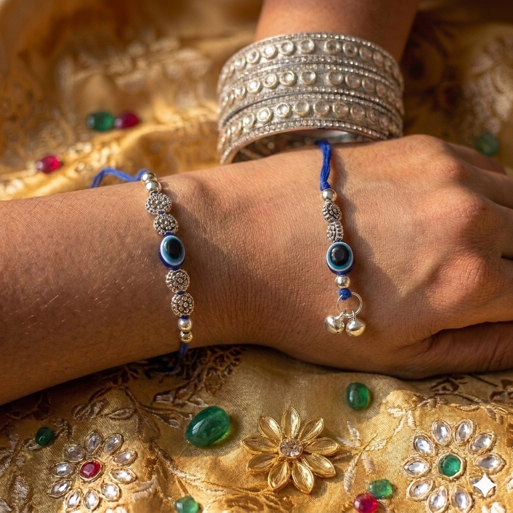 Evil Eye Blue Lumba Rakhi Set With Roli Chawal and Nariyal With Gift Box
