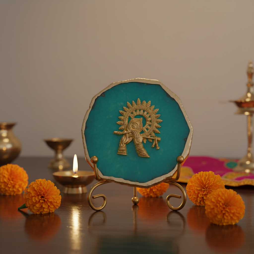 Agate Metal Krishna Showpiece with Metal Stand - Turquoise