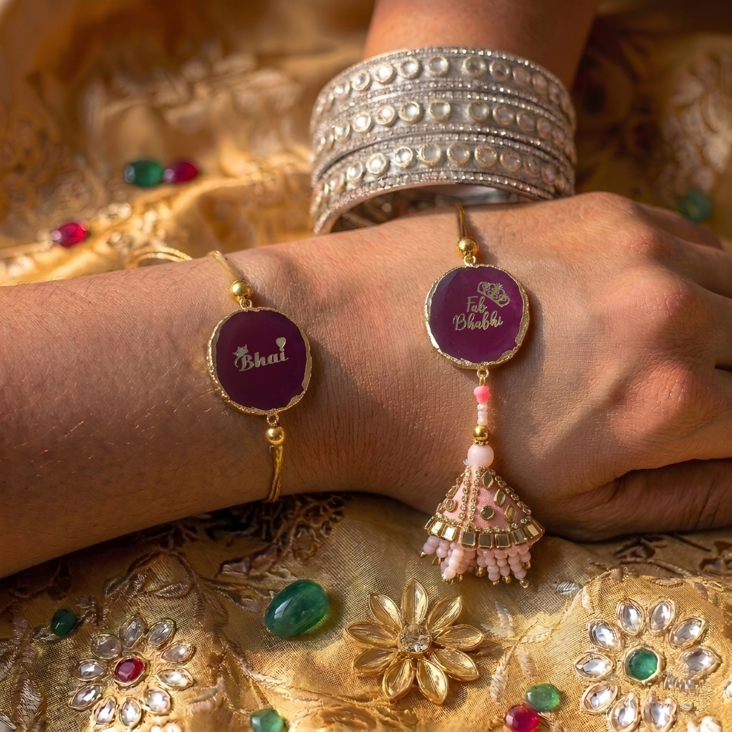 Agate Pink Lumba Rakhi Set With Roli Chawal and Nariyal With Gift Box