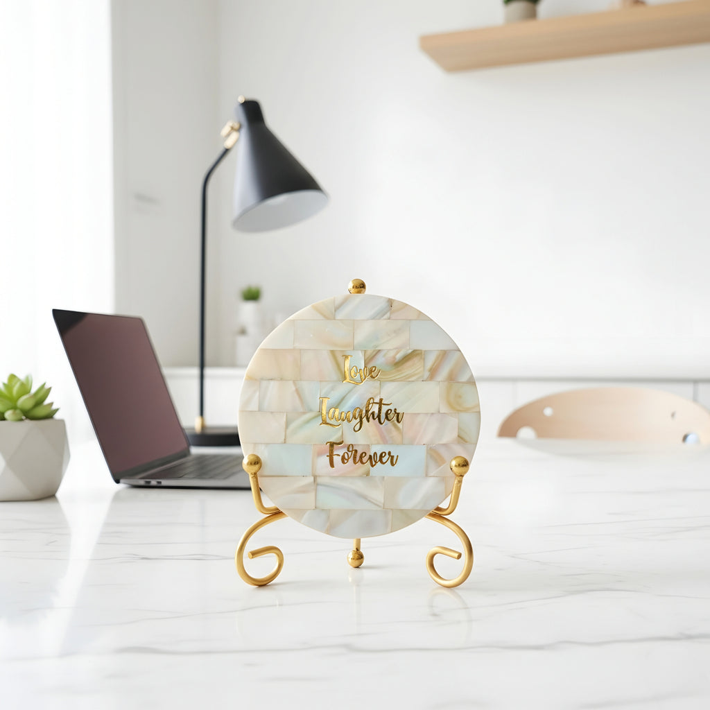 Mother of Pearl Love Laughter Forever Showpiece With Metal Stand