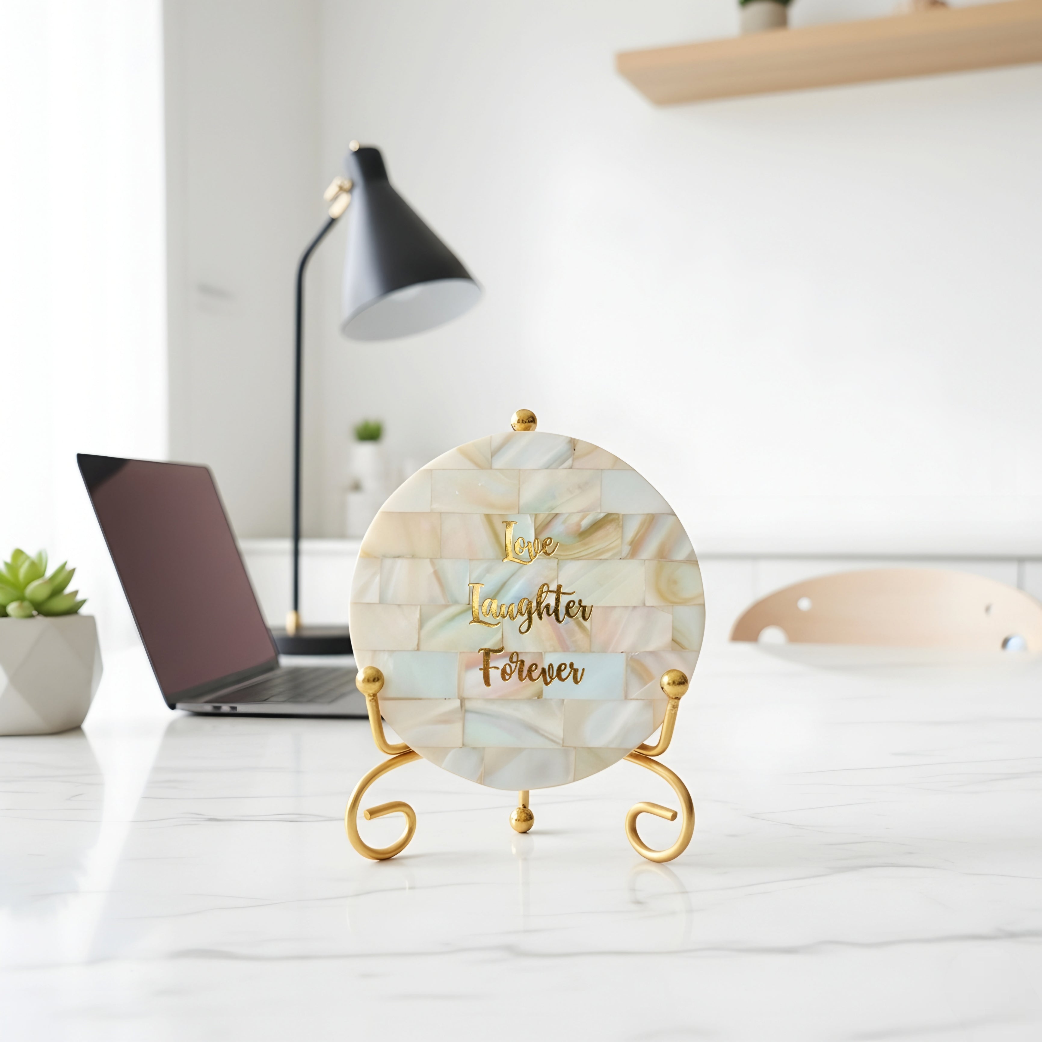 Mother of Pearl Love Laughter Forever Showpiece With Metal Stand